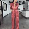Women's Jumpsuits & Rompers Summer Elegant Loose Satin Bodycon Bandage Long Sleeve Jumpsuit Women 2021 Spring Sexy Red Deep V Neck Playsuits
