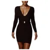 Solid Low Neck Sexy Bodycon Dress Långärmning Cross Basic Summer 2021 Mini Black White Club Women Vestidos#J3 Casual Dresses