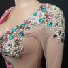 Haute Élastique Rose Robe Patchwork Brillant Perles Moulante DJ Club Party Dancer Costume 210525