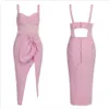 Free Pink Midi Bandage Dress Women Sexy Strap V-neck Sleeveless Hollow Draped Split Celebrity Club Party Vestidos 210524