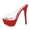 夏の靴の女性スライド透明なプラットフォーム薄いヒールキラキラ極端なハイパーティースリッパサンダルレッド3 43 210517