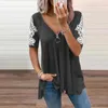 Zomer Casual Patchwork Tee Shirts Vrouwen Elegante Borduurwerk Kant Tops Dames Sexy Low-Cut V-hals Rits Loose Pullovers Dames T-shirt