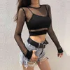 Rapwriter Sexy Black Hollow Out Mesh T-shirt Femme Skinny Crop Top Nouvelle Mode Été Tops Basiques Pour Femmes Chemise En Résille 210330