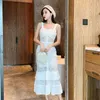 Summer Diamond Button White Strap Dress Woman Sleeveless Slash Collar Runway Design Trumpet Party Casual Bodycon 210603