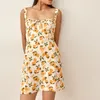 Yaz Fransız Chic Elbise Kısa Spagetti Kayışı Tatil Tarzı Limon Baskı Fermuar Vestido Kadın 210514