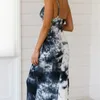 Casual tie-färge print boho klänning kvinnor sommar strand ärmlös klänning famale lång sundress sida slits svart klänning 210415