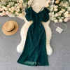 Vintage Short Sleeve Solid Black/Green Dress Women Sexy V-neck High Waist Casual Open Back Party Bodycon Dresses Female Fashion Y0603