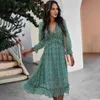 Jastie Ruche V-hals Lantaarn Mouw Vrouwen Jurk Leopard Print Boho Chiffon Jurken Eenvoudig Casual Beach Midi Jurk Zomer Vestido 210419