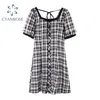 Plaid Summer Crop Dress Abiti da donna eleganti vintage Colletto quadrato Manica corta Streetwear Abiti monopetto Femme 210515