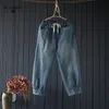 Vår sommar jeans kvinnor retro lös denim byxa damer elastisk midja knapp ficka blandade byxor casual knickerbockers 210520