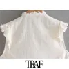 TRAF Women Fashion Embroidery Frayed Trims Ruffled Blouses Vintage Sleeveless Button-up Female Shirts Blusas Chic Tops 210415