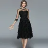 Princesa Vintage verano mujer Patchwork negro plumas malla vestido media manga cuello redondo Retro vestido de baile vestidos 210416