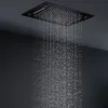 Banheiro conjunto de chuveiro preto colorido LED de chuva cachoeira multi função painel de chuveiro escondido torneiras misturador termostático escondido