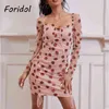 Foridol Jordgubbsutskrift Sequined Bodycon Mini Dress Women Puff Sleeve Mesh Tulle Klänning Glitter Rosa Kort Party Dress 210415