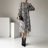 Aelegantmis Casual Printing Pleated Leopard Dress Women Summer Thin Puff Sleeve Long Half High Collar Vestido Lady 210607