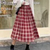 Lente zomer vrouwen koreaanse stijl vintage zwart rood plaid hoge taille zon school midi lange geplooide rok vrouwelijke 210421