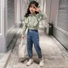 Çocuk Giysileri Ekose Bluz + Kot Kız Giyim Bahar Sonbahar Kız Set Rahat Stil Çocuk Takım 6 8 10 12 14 210528