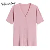 Yitimuceng T Shirts Woman Button Up Tees Unicolor White Black Purple Pink Tops Summer Korean Fashion Knitted Tshirts 210601