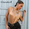 Glamaker Shoulder pads casual summer fashion top Satin sexy pleated elegant o-neck party club top Loose sleeveless tee tanks 210412