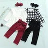 Conjunto de 3 uds para niñas pequeñas, estilo dulce a cuadros/encaje liso, dobladillo ancho, manga larga, cuello redondo, Tops, pantalones y tocados, 1-6T