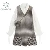 Japanese Two piece shirt and dress Preppy Style Autumn Women Sundress Elegant Plaid Long Sleeve A Line Vintage Girls Dress 210515