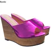 Rontic New Handmade Women Platform Mules Sandals Unisex Wedges Heels Peep Toe Gorgeous Purple Cosplay Shoes Ladies US Size 5-20