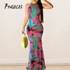 Lady Print Floral Long Boho Bohemian Beach Robe d'été Femmes Sundress Sexy Club Halter Sans Manches Maxi Vintage Robes Robe 210520