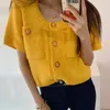 Korejpaa mujeres suéter verano coreano chic femenino simple cuello redondo de un solo pecho multibolsillo de manga corta cárdigan de punto 210526