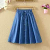 Women Ruffle High Waist Pleated Skirt Summer Knee Lenth Bow Strap Denim Skirts New Korean Blue Striped Midi Skirt Female 210415