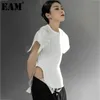 [Eam] Mulheres Branco Botão em forma de t-shirt irregular ocasional em torno do pescoço de manga curta moda primavera verão 1d7715 21512