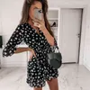 Summer V-neck long-sleeved print ruffled dress female fashion elegant tie waist floral dress A-line beach Dress womens vestido 210514