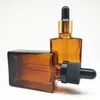 Natural Amber Flat Square/Rectangle Glass HairOil Essential Oil Bottle 30ml 1oz with Aluminum Dropper Screw Lid Free Ship