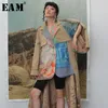 [EAM] Kvinnor träffar färg Två falska bitar Skriv ut Trench Långärmad Långkoppling Fit Windbreaker Fashion Fjäder Höst 1B739 210812