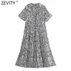 Zevity kvinnor vintage vit blommig tryck svart midi tröja klänning femme chic breasted kortärmad pleat casual slim vestido ds8509 210603