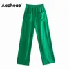 Aachoae Women Wide Pen Broek Groen Casual Lange Broek Mode Vintage High Street Lady Pantalon 211124