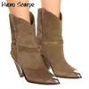 Metal Toe High Heel Salto Botas de Couro Genuíno Curto Ankle Suede Pointed Saltos Sapatos Senhoras Matin 211105