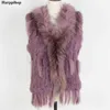 Harppihop womens natural real rabbit fur vest with raccoon fur collar waistcoat/jackets rex rabbit knitted winte 211110