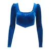 Women Crop Tops Velvet Solid Color Sweetheart-Neck Low-Cut Blue Long Sleeves Tight Camisole G220228