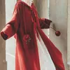 Zestien straat vintage wijn rood lange trui cardigan vrouw rose borduurwerk pocket boho hooded brei jas vrouwelijke winter 210603