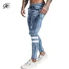 Skinny jeans homens magro encaixe rasgado grande e alto estiramento azul homens jeans para homens afligidos cintura elástica zm49