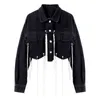 Twotwinstyle preto cadeia de patchwork jaqueta de borla para mulheres lapela luva longa alta rua casacos casuais outono 211014