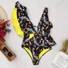 2021 Newest Sexy Ruffle Print Floral One Piece Swimsuit Off The Shoulder Swimwear Women Solid Deep-V Beachwear Bathing Suit Monkini 5pcs