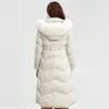 Edad reductora de cintura de invierno más abrigo largo de mujer a prueba de viento con chaqueta de edredón blanca