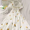 Vintage A-line White Square Neck Beach Party Dresses Kawaii summer Puff Sleeve Maxi Dress Women Korean Clothes 14547 210518