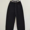 Pantaloni jeans denim a gamba larga da donna casual coreana nera Lettere Bottoni stampati in vita Pantaloni dritti 210513