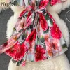 Neploe Summer Floral Print Chiffon Mini Dress Woman Elegant Bow Bandage Slim Waist Robe Female Short Sleeve Stand Neck Vestido Y0726