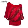 TEXIWAS 2020 Frauen Plus Größe Glitter Off Schulter Batwing Shirts Pailletten Tops Weibliche Tunika T-Shirt Lose Streetwear X0628