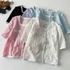Blusas de manga corta para mujer elegantes camisas delgadas de un solo pecho Blusas de cuello cuadrado coreano Vintage temperamento blanco Tops 210519