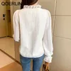 Qoelrin Elegant Office Ladies Lace Shirts Kvinnor Sexig Hollow Out Chic Fashion Button Blouse Flare Sleeve Chiffon Tops S-XL 210601