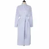 Elegant Casual Striped Shirt Blouse Wasit Belt Plus Size Women Spring Ladies Loose Midi Dress Single Breated 8777 50 210417